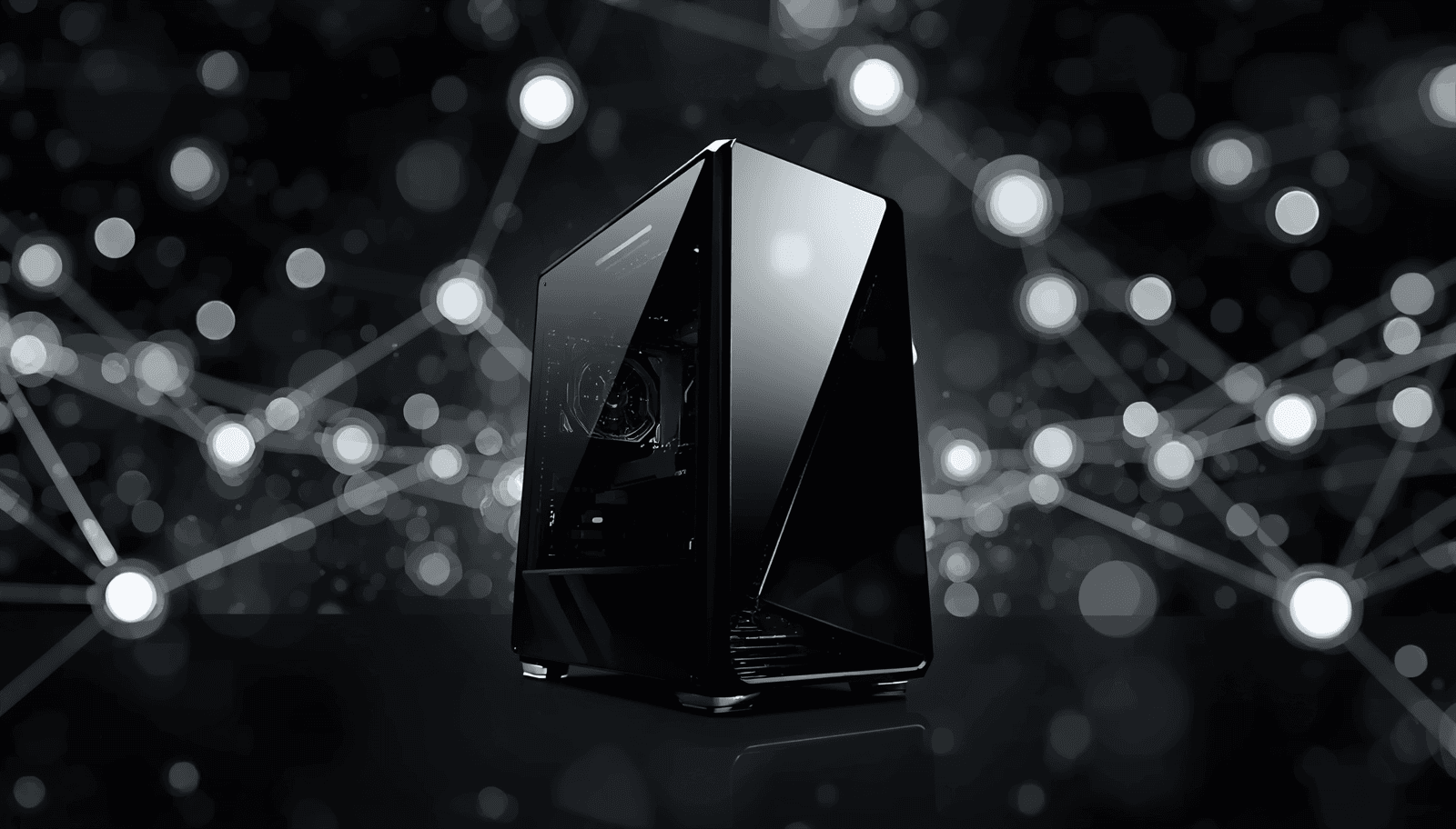 Futuristic black server tower with angular design against a bokeh network backdrop