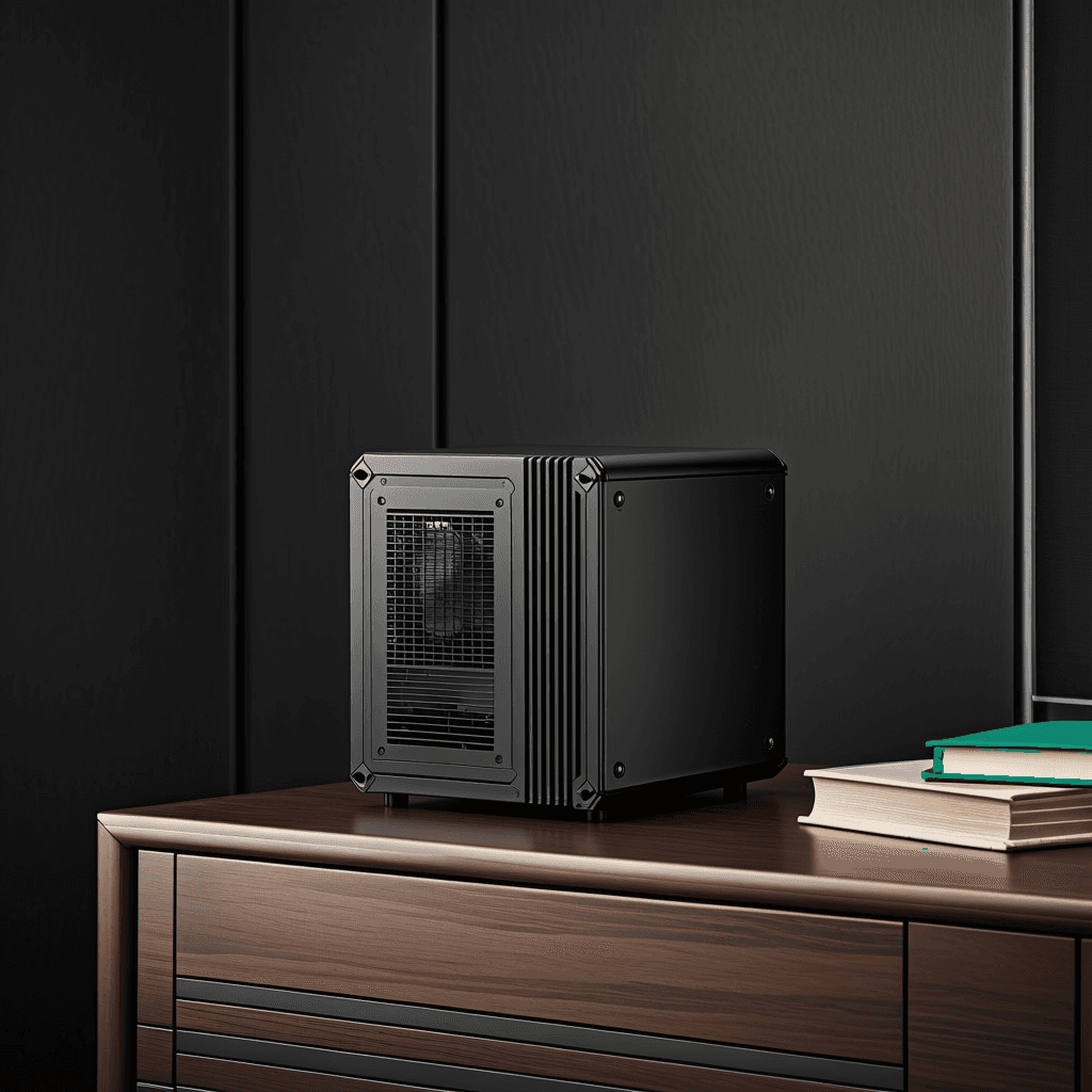 Matte-black private AI appliance on a walnut cabinet